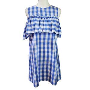Adrienne Womens Dress Size M Blue White Check Cold Shoulder Mini Ruffle Lined